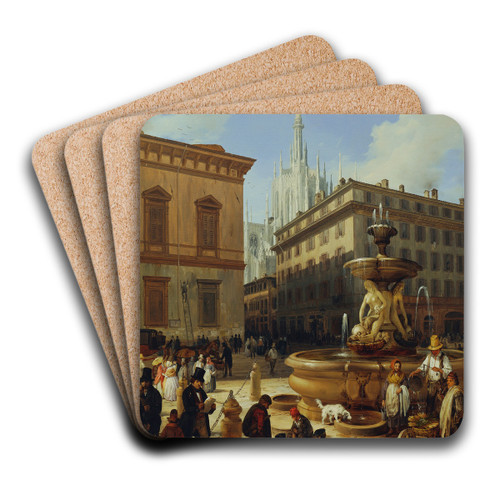 Straenansicht aus Mailand, im Hintergrund der Dom by Angelo Inganni Art Drink Coaster set