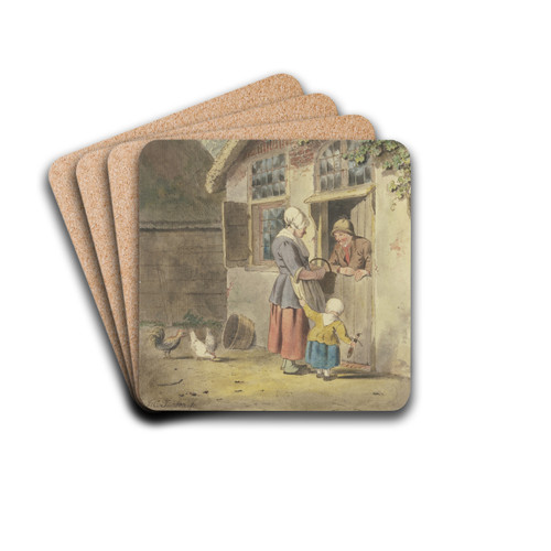 An einer Haustr spricht ein Mann mit einer Frau, die von einem Kind an der Schrze gehalten wird by Johannes Christiaan Janson Drink Coasters - set of 4
