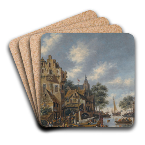 A Town On The Banks Of A River With Figures At The Waterside by Thomas Heeremans Art Drink Coaster set A Town On The Banks Of A River With Figures At The Waterside by Thomas Heeremans Art Drink Coaster set