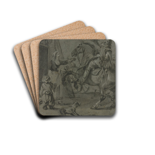 Reiter mit einer Schelle in der Rechten, auf einem sich aufbumendem Pferd sitzend, vor ihm seine ihn begrend aus dem Haus tretende Frau, dabei ein Kind in Rckansicht by Pieter van Laer Drink Coasters - set of 4