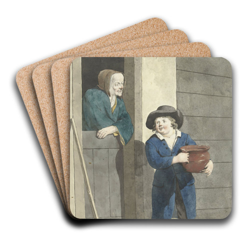 Jongen met een pot bij een vrouw leunend op een onderdeur by W. Barthautz Art Drink Coaster set