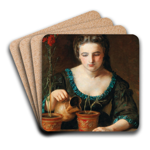 A Girl With Carnation by Johann Baptist Reiter Art Drink Coaster set