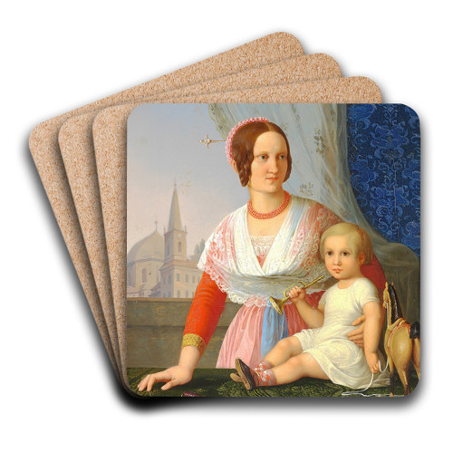Mor og barn ved et bord med legetj by Frederik Storch Art Drink Coaster set