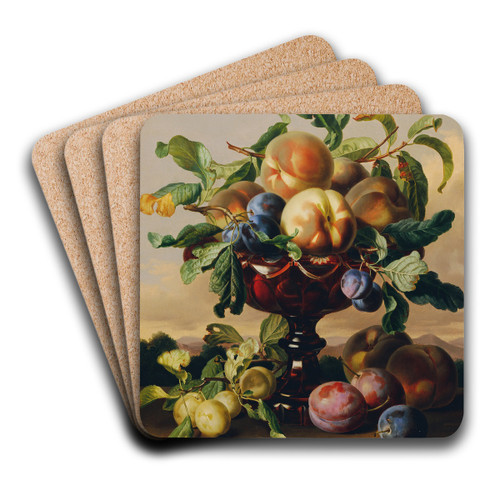 Stillleben mit Pfirsichen und Pflaumen in roter Glasschale by Anton Hartinger Art Drink Coaster set