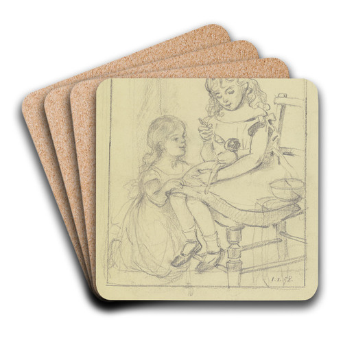 Zwei Kinder fttern eine Puppe by Otto Scholderer Art Drink Coaster set