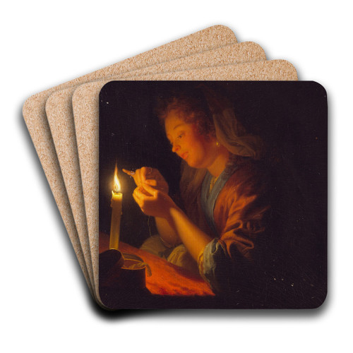 Girl threading a Needle by Candlelight by Godfried Schalcken Art Drink Coaster set