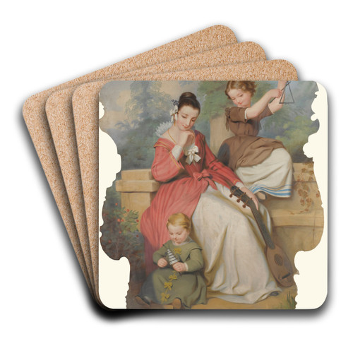 Girl With Two Children Playing Music by Continental School Art Drink Coaster set