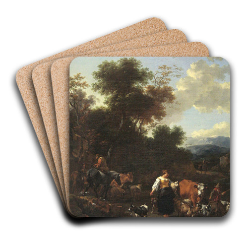 Italian Landscape with Shepherds at a River by Nicolaes Pietersz. Berchem Art Drink Coaster set Italian Landscape with Shepherds at a River by Nicolaes Pietersz. Berchem Art Drink Coaster set