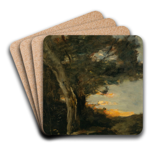 Coucher De Soleil Avec Une Lionne by Jean-Baptiste-Camille Corot Art Drink Coaster set