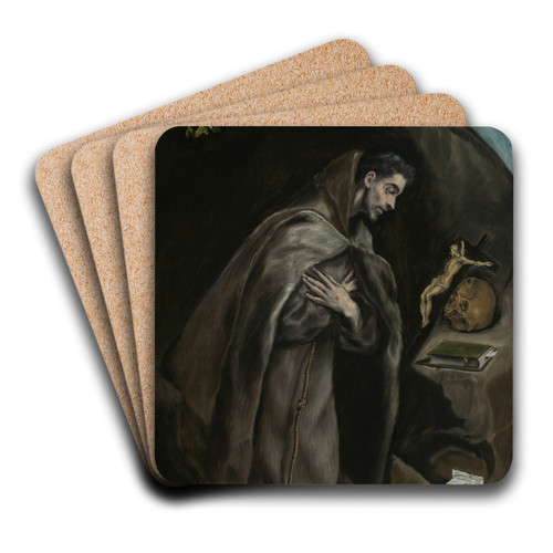Saint Francis Kneeling in Meditation by El Greco (Domenikos Theotokopoulos) Art Drink Coaster set
