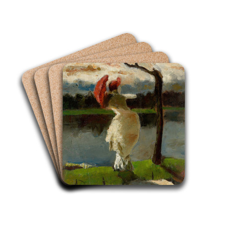 Dame mit Sonnenschirm am Ufer der Loire by Lesser Ury Drink Coasters - set of 4
