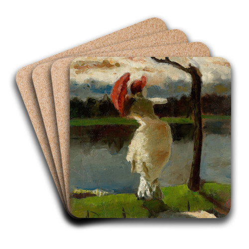 Dame mit Sonnenschirm am Ufer der Loire by Lesser Ury Art Drink Coaster set