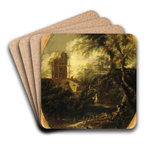 Landscape with Hermit, Pilgrim and Peasant Woman by Antonio Francesco Peruzzini Art Drink Coaster set