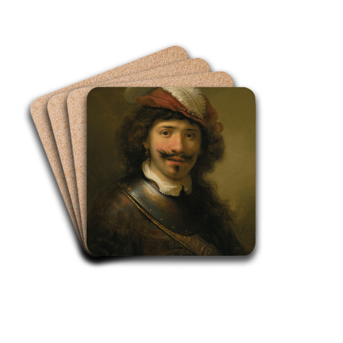 A young man in a gorget with a plumed hat by Govert Flinck Drink Coasters - set of 4 A young man in a gorget with a plumed hat by Govert Flinck Drink Coasters - set of 4