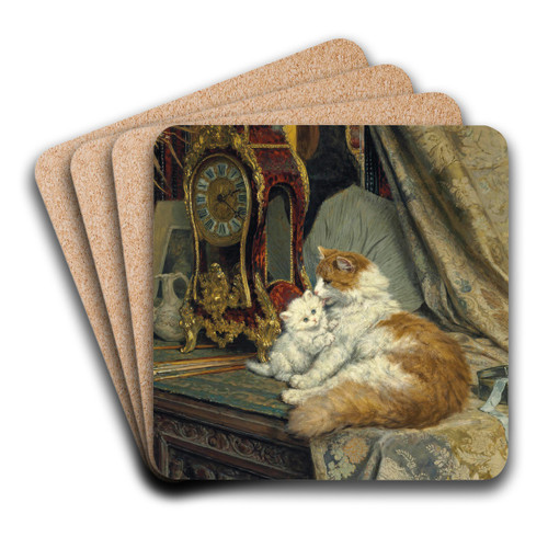 A Mother Cat and her Kitten with a Bracket Clock by Henritte Ronner-Knip Art Drink Coaster set A Mother Cat and her Kitten with a Bracket Clock by Henritte Ronner-Knip Art Drink Coaster set