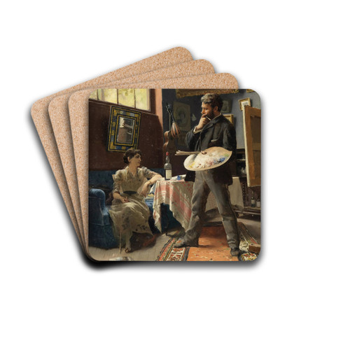 Self-portrait of Hans Temple in the studio with a model by Hans Temple Drink Coasters - set of 4