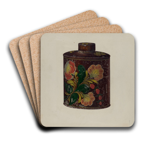 Toleware Tea Caddy by Charles Henning Art Drink Coaster set Toleware Tea Caddy by Charles Henning Art Drink Coaster set