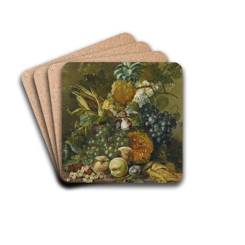 A pineapple, plums, grapes and other fruit with corn on a marble ledge by Jacobus Linthorst Drink Coasters - set of 4