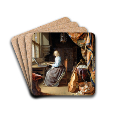 A Woman playing a Clavichord by Gerrit Dou Drink Coasters - set of 4 A Woman playing a Clavichord by Gerrit Dou Drink Coasters - set of 4