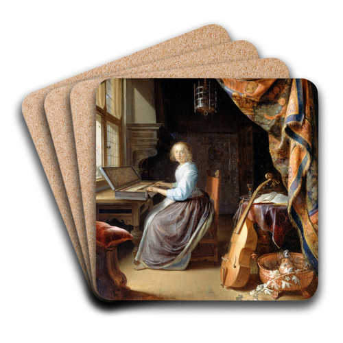 A Woman playing a Clavichord by Gerrit Dou Art Drink Coaster set A Woman playing a Clavichord by Gerrit Dou Art Drink Coaster set