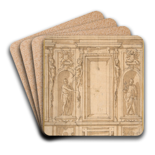 Wall Elevation with a Window and Statues of Saint John the Baptist and Saint Peter in Niches by Lazzaro Tavarone Art Drink Coaster set