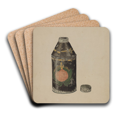 Toleware Tin Tea Caddy by Clarence W. Dawson Art Drink Coaster set Toleware Tin Tea Caddy by Clarence W. Dawson Art Drink Coaster set