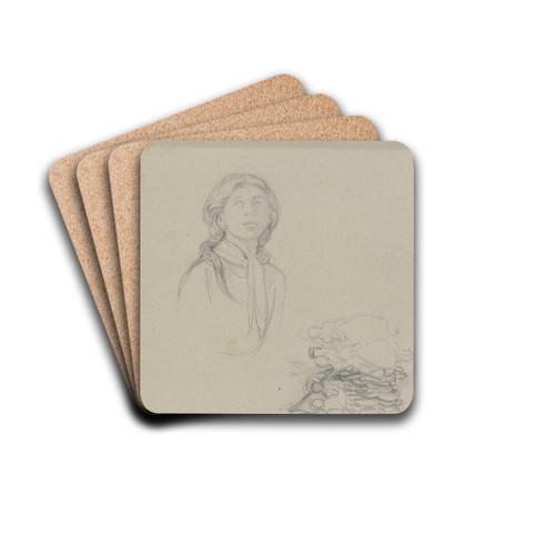 Studienblatt; Aufblickendes Bauernmdchen sowie ein Menschenauflauf by Jakob Becker Drink Coasters - set of 4