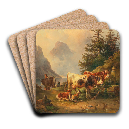 Herd of animals with shepherdess on the lakeside by Edmund Mahlknecht Art Drink Coaster set Herd of animals with shepherdess on the lakeside by Edmund Mahlknecht Art Drink Coaster set