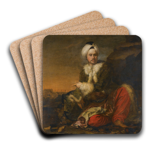 Portrait Of A Merchant Of The Levant Company In Turkish Dress, A View Of Aleppo Beyond by Andrea Soldi Art Drink Coaster set