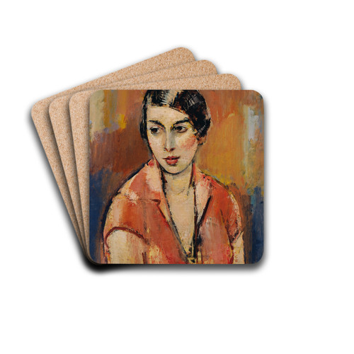 Junge Frau Im Rosa Kleid by Anton Faistauer Drink Coasters - set of 4 Junge Frau Im Rosa Kleid by Anton Faistauer Drink Coasters - set of 4