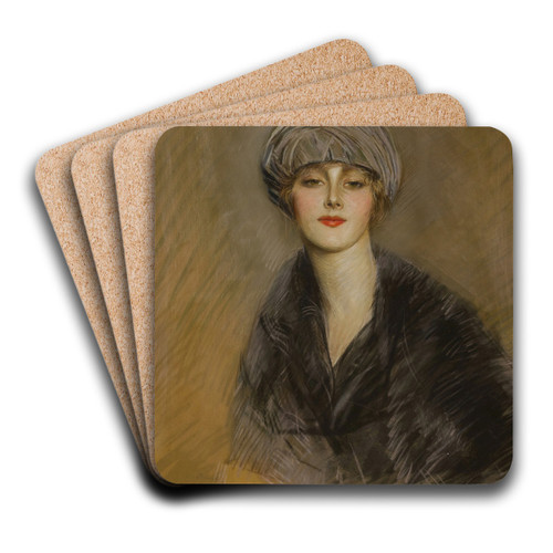 Portrait de Lucette au chapeau by Paul Csar Helleu Art Drink Coaster set Portrait de Lucette au chapeau by Paul Csar Helleu Art Drink Coaster set