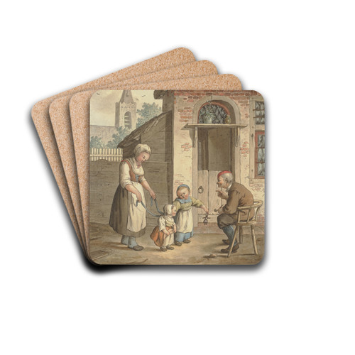 Vor der Haustr sitzt ein alter Mann, dabei eine Magd und zwei Kinder by Johann Friedrich Morgenstern Drink Coasters - set of 4