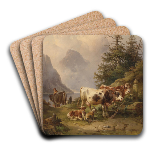 Viehherde mit Hirtin am Seeufer by Edmund Mahlknecht Art Drink Coaster set