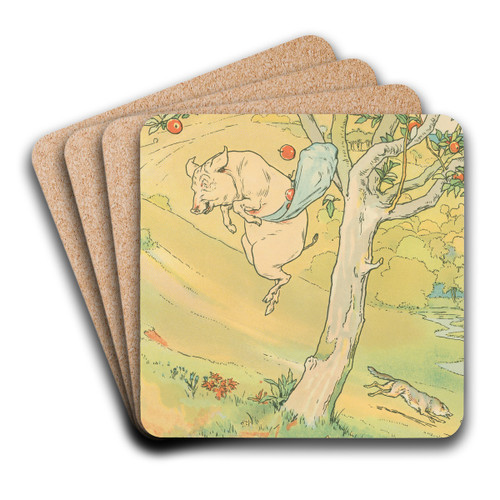 Pig picking apples by Leonard Leslie Brooke Art Drink Coaster set