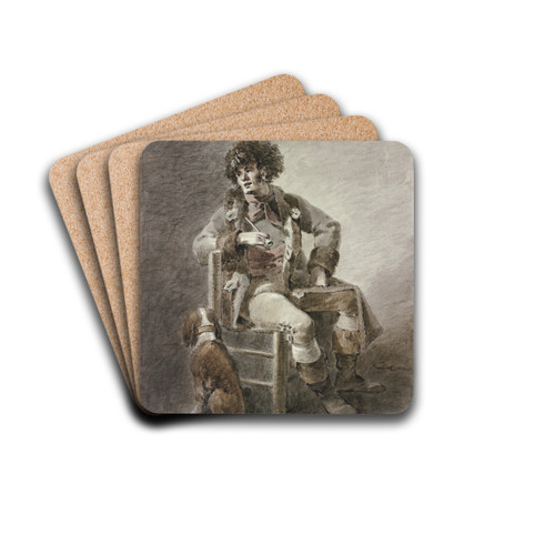 Auf einem Stuhl sitzt ein Mann die Pfeife in der Hand, dabei ein Hund by Abraham Teerlink Drink Coasters - set of 4