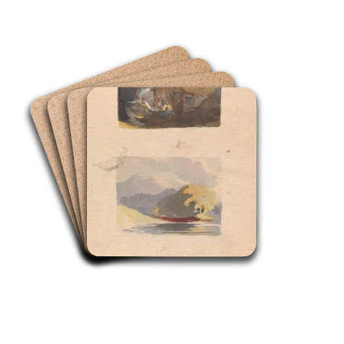 Cottage with Figures in Front (no. 15); Landscape with River and Mountains - Sunshine (no. 16) by Thomas Sully Drink Coasters - set of 4