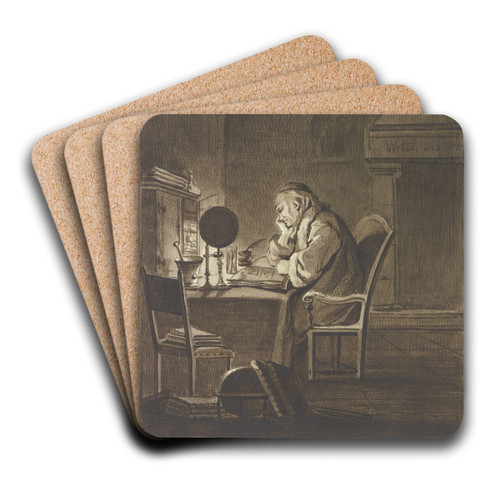 Ein Gelehrter am Tisch sitzend, bei Lampenlicht lesend by Gottlieb Welt Art Drink Coaster set