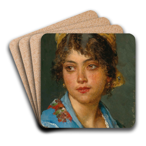 A Young Italian Woman with a Yellow Headscarf by Eugen von Blaas Art Drink Coaster set