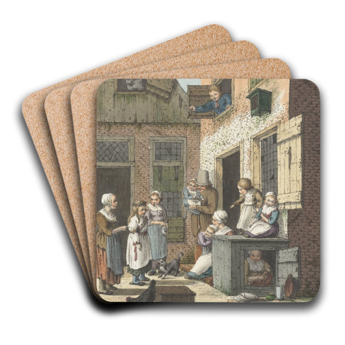 Groep mensen voor de deur van een woning by Christina Chalon Art Drink Coaster set