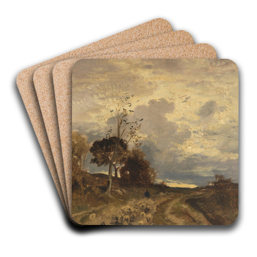 Herbstlandschaft am Abend mit heimkehrender Schafherde by Adolf Heinrich Lier Art Drink Coaster set