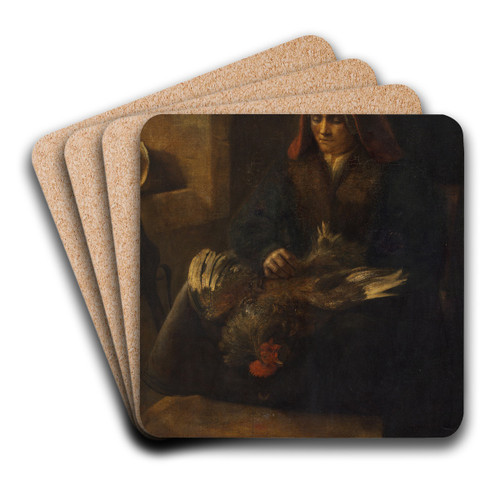 Old Woman Plucking a Fowl by Follower of Rembrandt van Rijn Art Drink Coaster set