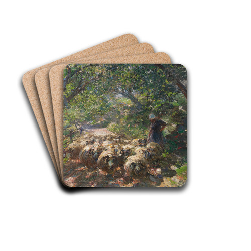 Schafherde mit Hirtin im schattigen Hohlweg by Heinrich Von Zgel Drink Coasters - set of 4