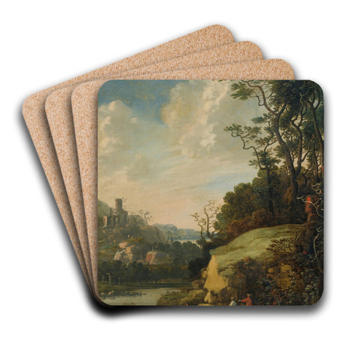 Hilly Landscape With Figures By A River by Abraham Bloemaert Art Drink Coaster set