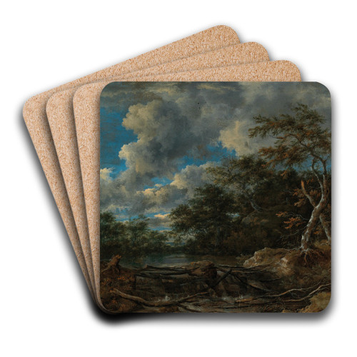 A wooded landscape with a waterfall by Jacob van Ruisdael Art Drink Coaster set