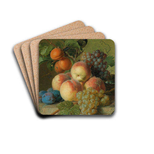 Still life of peaches, grapes and plums on a stone ledge with a bird and a butterfly by Jan Frans van Dael Drink Coasters - set of 4