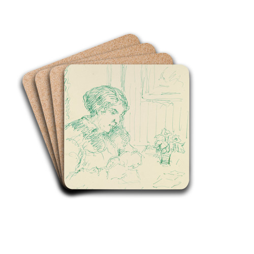 Writing lady by Gustav Schraegle Drink Coasters - set of 4 Writing lady by Gustav Schraegle Drink Coasters - set of 4