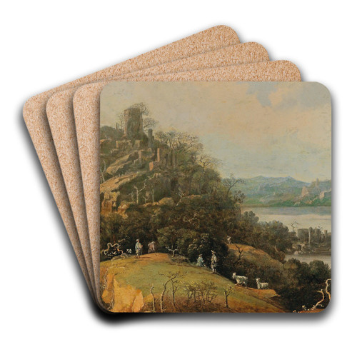 A River Landscape With A Ruin And Figures by Adriaen Bloemaert Art Drink Coaster set A River Landscape With A Ruin And Figures by Adriaen Bloemaert Art Drink Coaster set