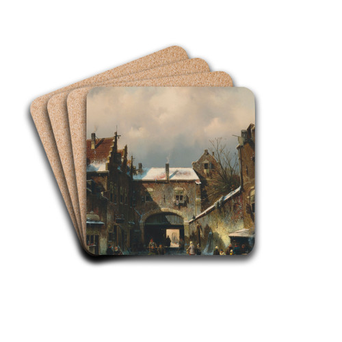 A village street scene in winter by Charles Leickert Drink Coasters - set of 4