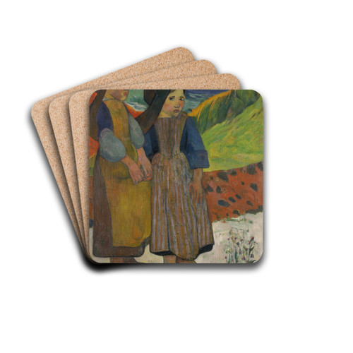 Two Breton Girls by the Sea by Paul Gauguin Drink Coasters - set of 4 Two Breton Girls by the Sea by Paul Gauguin Drink Coasters - set of 4