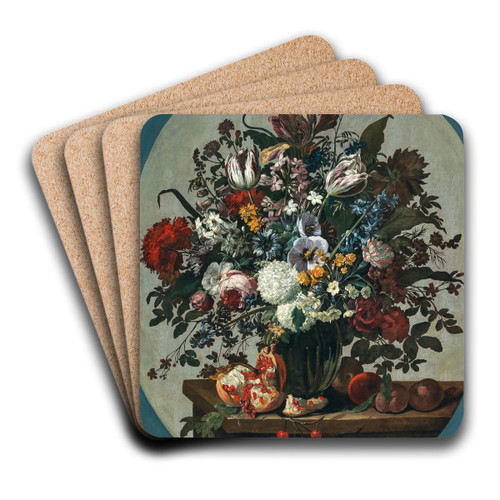 Tulips, squills hydrangeas, peonies, and other flowers in a vase surrounded by pomegranates and other fruit, on a stone ledge by Gaspar Peeter Verbruggen the Elder Art Drink Coaster set